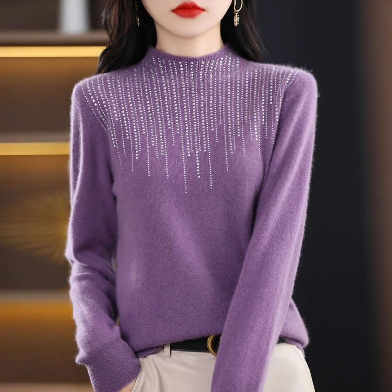 

Fall/Winter Semi-Turtleneck Diamond Merino Pure Wool Knit Sweater Women's High-End Chic Slim Jumper High Stretch Pullover Tops