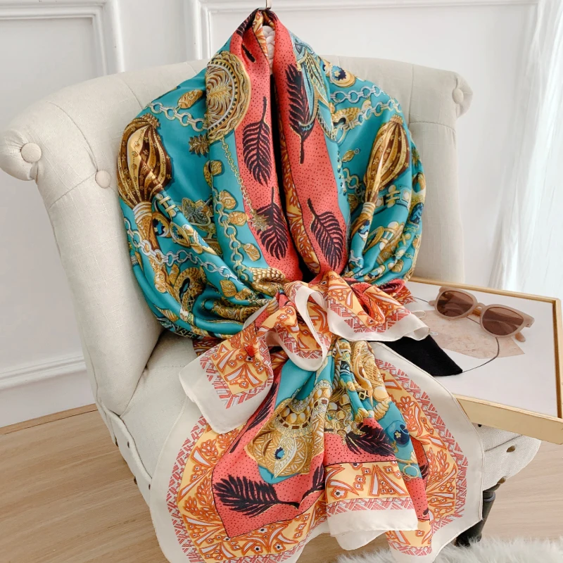 

Smooth Silk Scarf for Women Floral Print Elegant Pashmina Scarfs Female Foulard Hijab Luxury Shawls Beach Lady Stoles Scarve