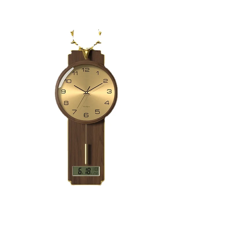 

YY Living Room Clock Wall-Mounted E-Calendar Atmospheric Light Luxury Solid Wood Quartz Clock