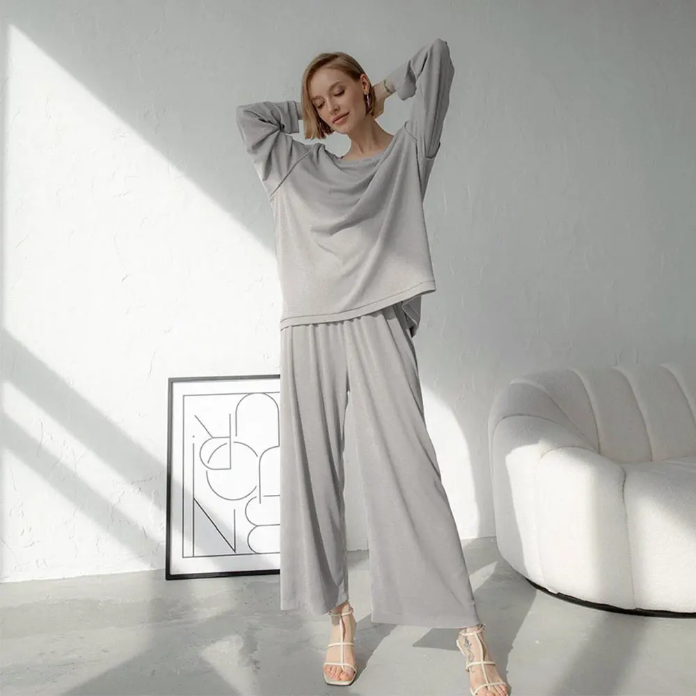 Women Spring Autumn Fashion Pajama Set Round Collar Knit Solid Color Loose Simple Outside Wear Home Clothing