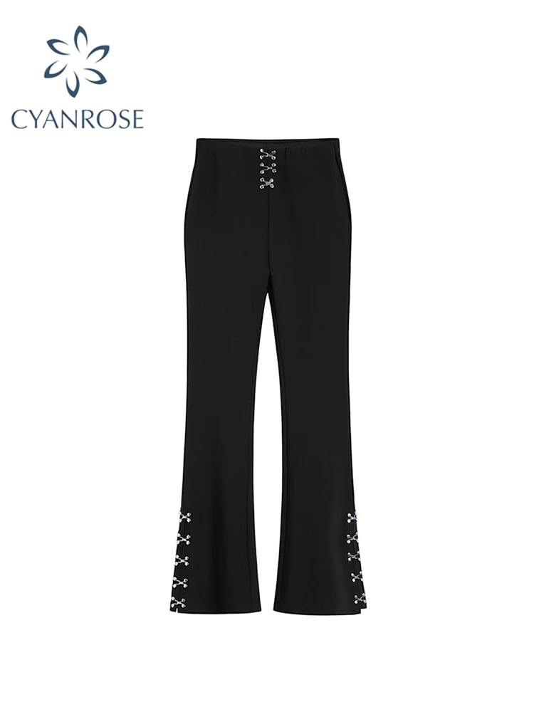 

Gothic Grunge Female 90s Flared Pants High Waist Black Vintage Skinny Button Pants Streetwear Fashion Casual For Women Trousers