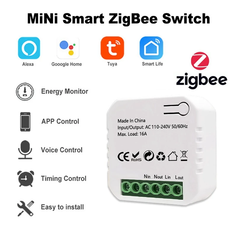 Tuya Smart Life Zigbee Switch Монитор электроэнергии Kwh Din-рейка 16A Таймер Розетка Мини-модуль