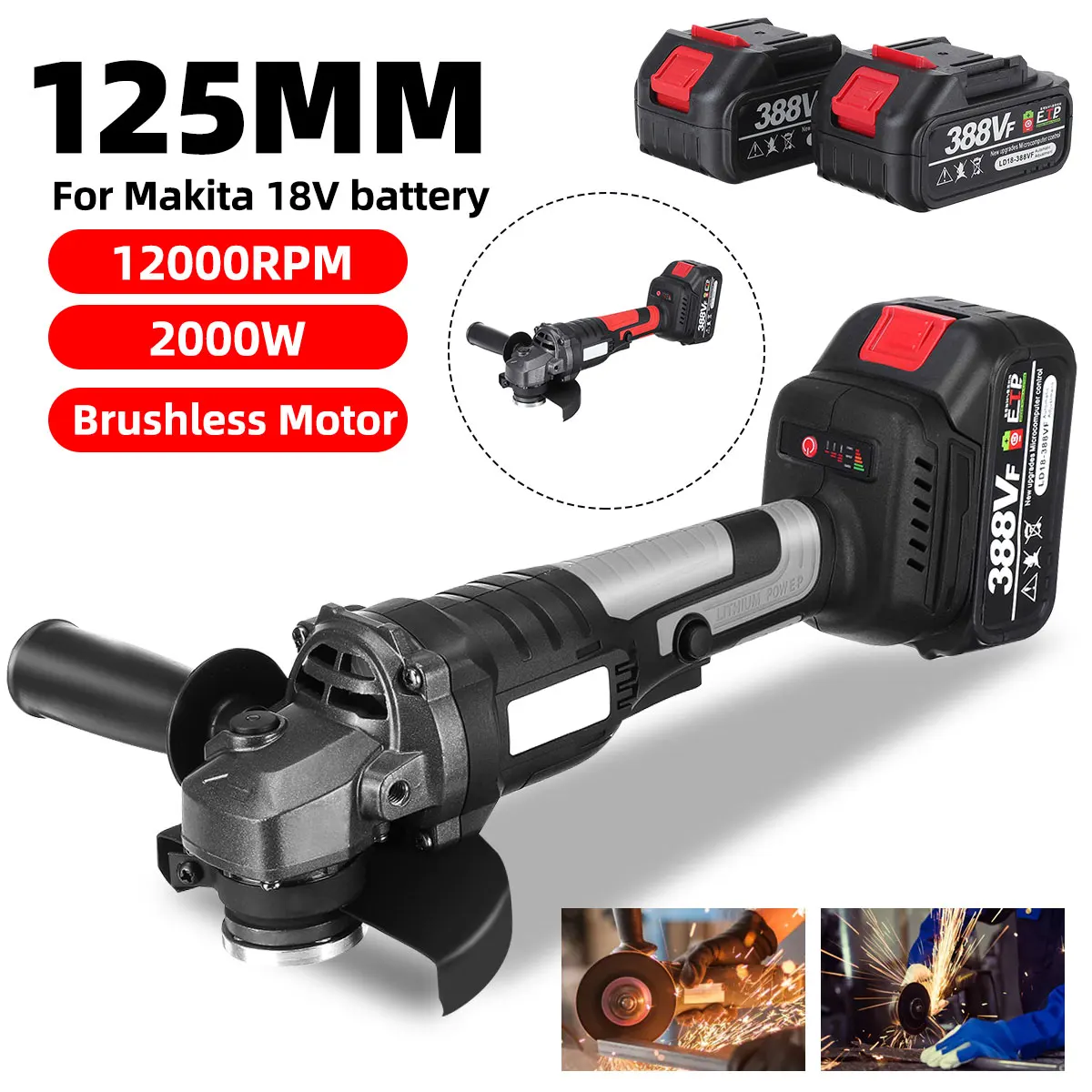 

125mm 3 Speed Brushless Electric Angle Grinder with 2Pcs Battery Grinding Machine Polisher Cutting Tool for Makita 18V Battery
