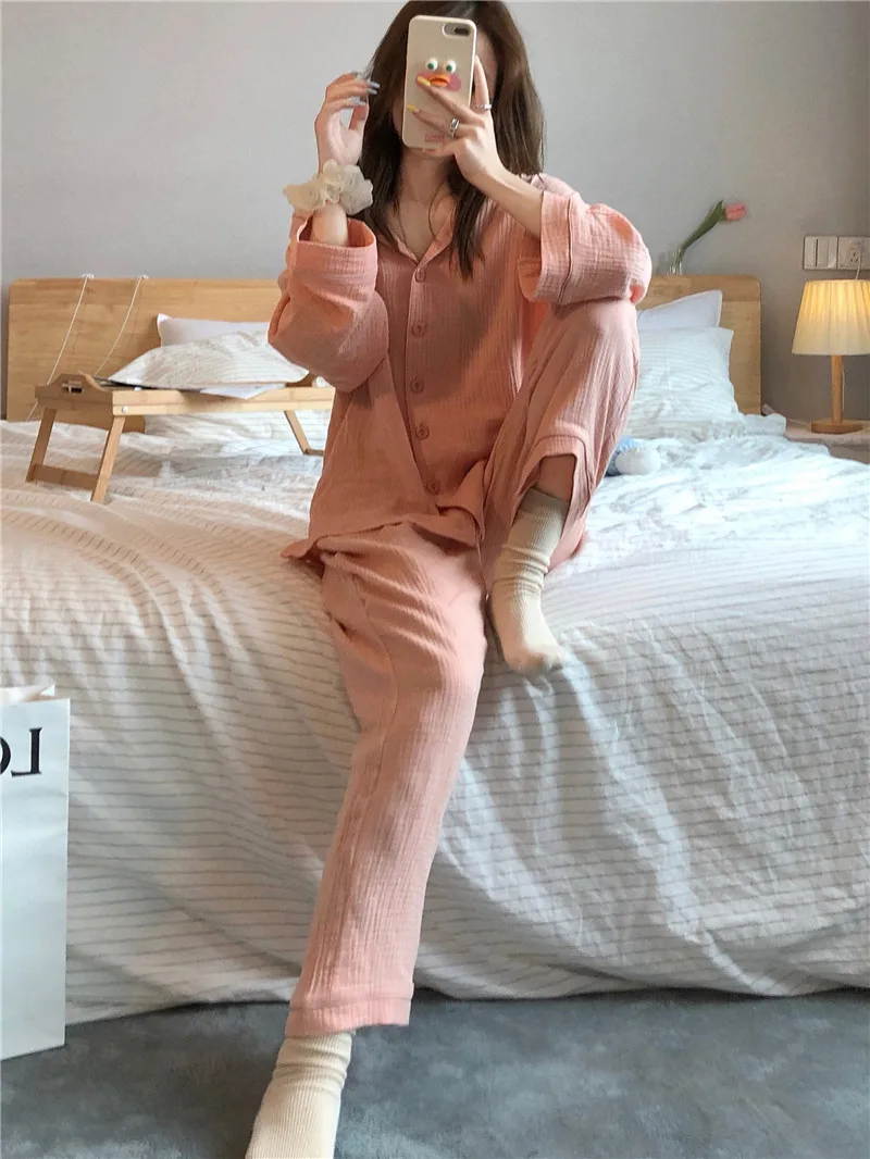Orange Single Breasted Shirts + Trousers 100% Cotton Casual Two Piece Home Suit Vintage Sleepwear Loose Pajamas Set Solid