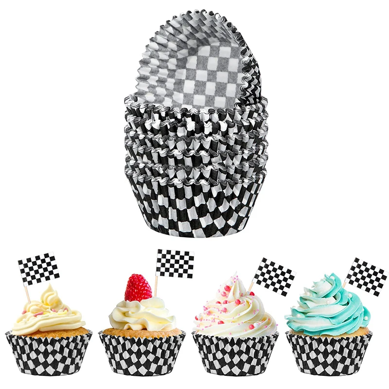 

100 pcs Checkered Flag Toothpicks Racing Flag Cupcake Topper Picks Racing Flag Cupcake Wrapper Liner Paper Baking Cup Covers