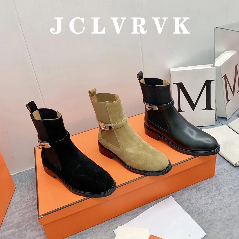 

JCLVRVK New Real Leather Knee High Boots Women Metal Buckle Classic Brand Designer Boots Slip On Knight Boots Elastic Band