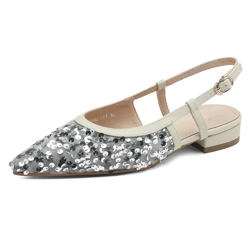

Small Size 32 33 Pointed Toe Sequins Cloth Bling Bling Shiny Women Shoes Summer Slingbacks Low Heels Gold Silver Black Sandals
