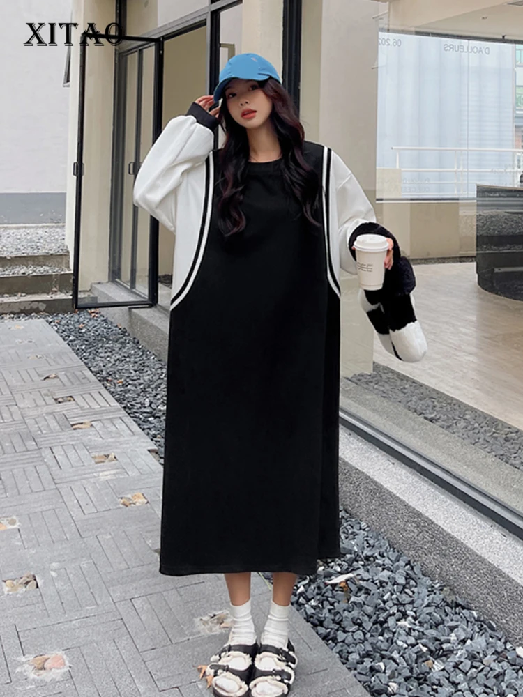 

XITAO Women Patchwork Casual Dress Korea 2022 Autumn New Arrival Personality Fashion Loose O-neck Full Sleeve Dress WLD15050