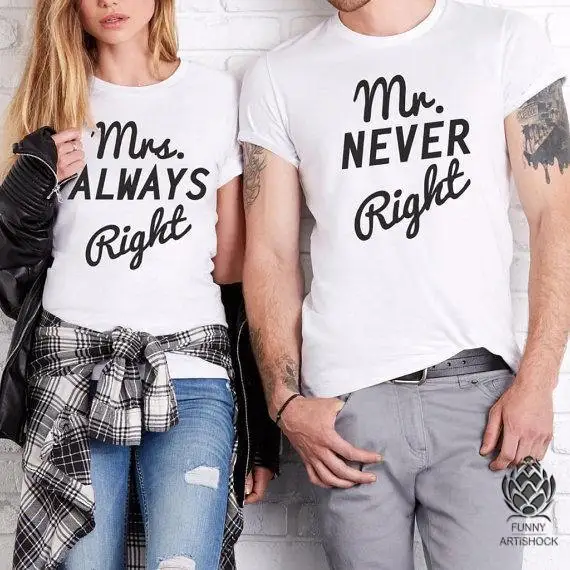 

Комплект рубашек для пары, футболка с надписью «Hubby and Wifey» на годовщину, «Mrs Always Right», «Mr», «Never Right», «Mr and Mrs»