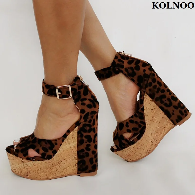 Kolnoo New Real Pictures Women's Wedges Heels Sandals Leopard Sexy Summer Prom Shoes Evening Party Fashion Hot Sale Daily Shoes