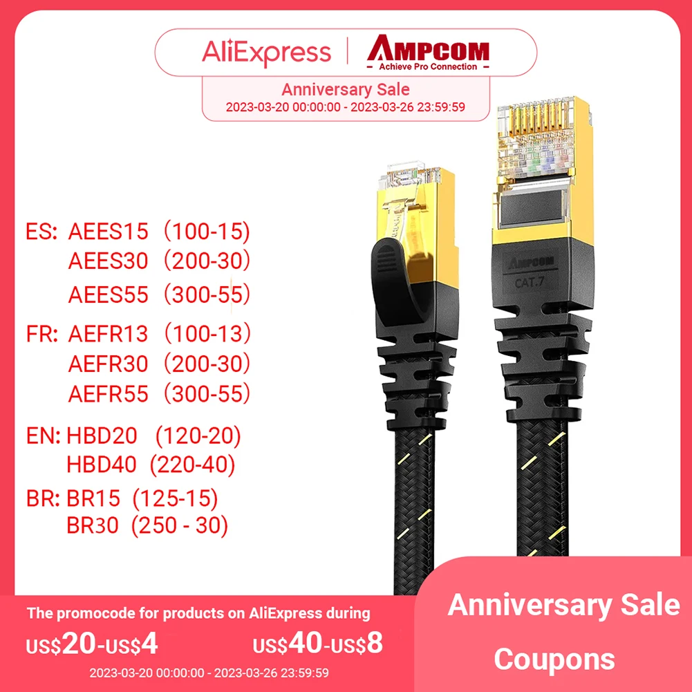 AMPCOM Cat7 Ethernet Cable Flat Lan Cable SFTP Round RJ45 Network Cable CAT7 internet cord for Router Modem PC PS4 Patch Cable