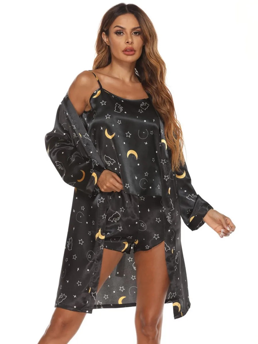 3pcs Sleepwear Suit Women Silk Satin Sling Tops+shorts Night Robe Print Bath Robe Bathrobe Mariage Wedding Bride Bridesmaid Robe