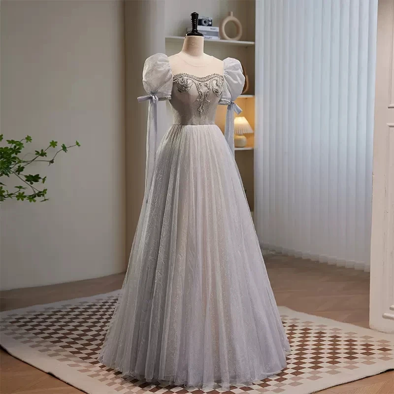 Женское вечернее платье с коротким рукавом Ashely Alsa серое длинное прозрачное для