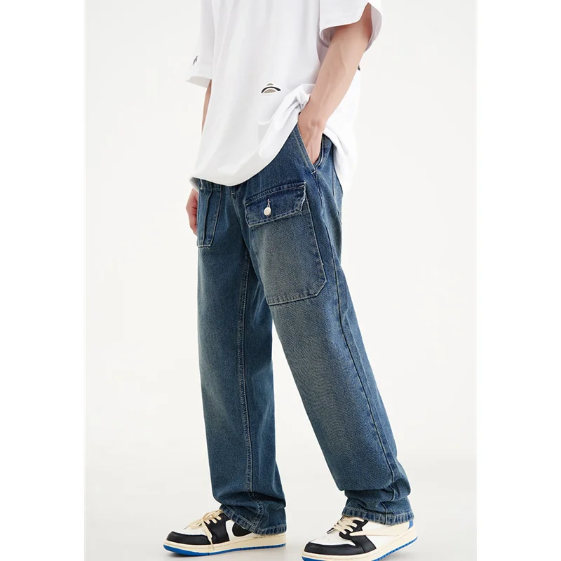 Streetwear Men Vintage Baggy Multiple Pockets Cargo Pants Versatile Temperament Straight Cylinder Jeans 2022 Winter New Female
