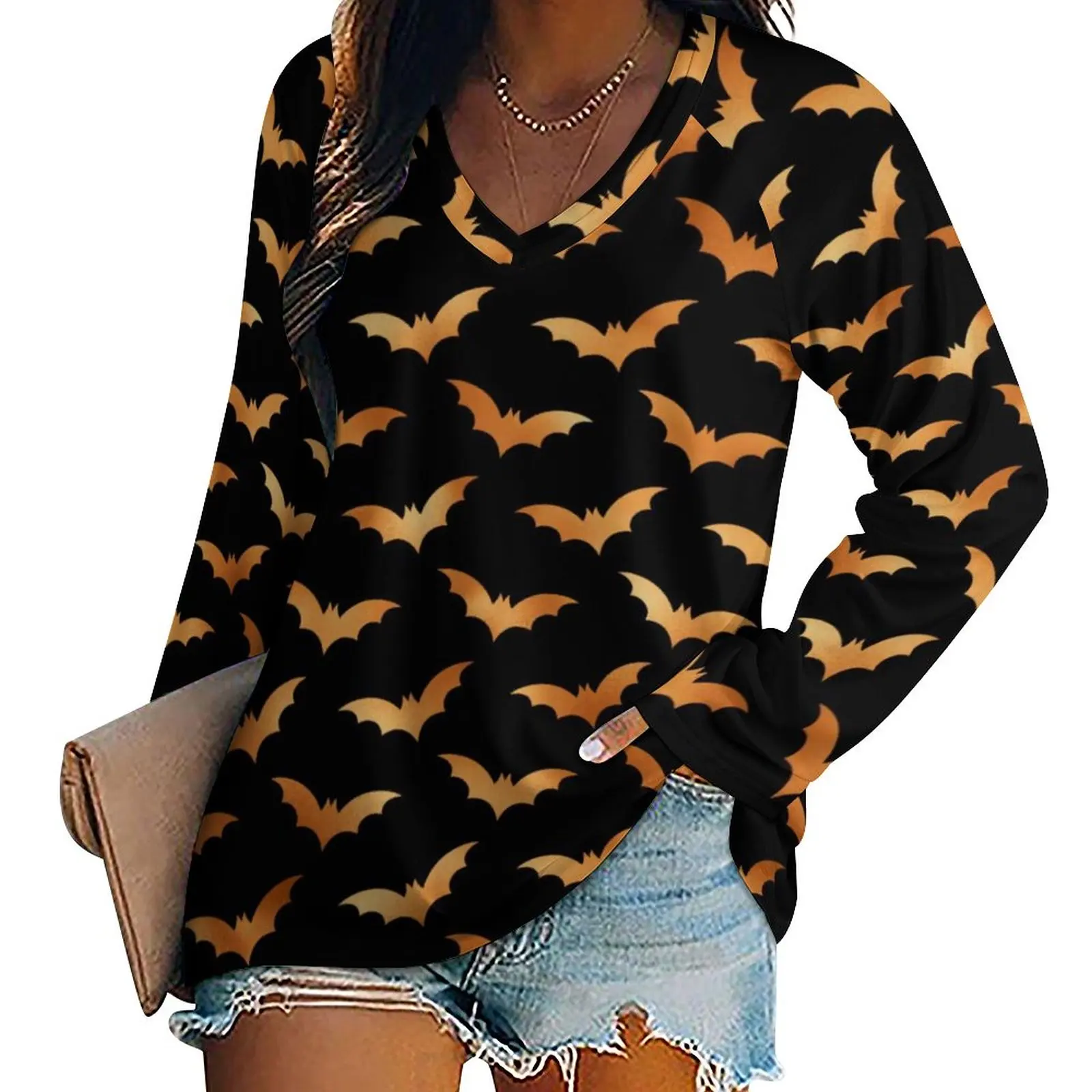 

Halloween Spooky T-Shirts Orange Bat Print Street Wear T Shirt Long Sleeve Elegant Custom Tee Shirt Clothing Large Size 5XL 6XL