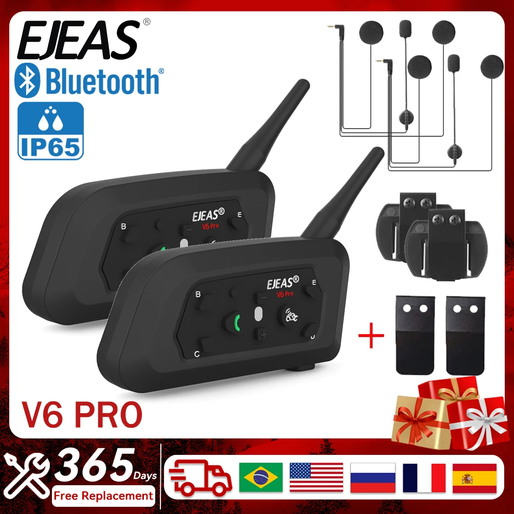 EJEAS V6 PRO Motorcycle Helmet Intercom 6Riders Bluetooth5.0 Headsets 1500M Communication Interphone Waterproof Engineer Referee