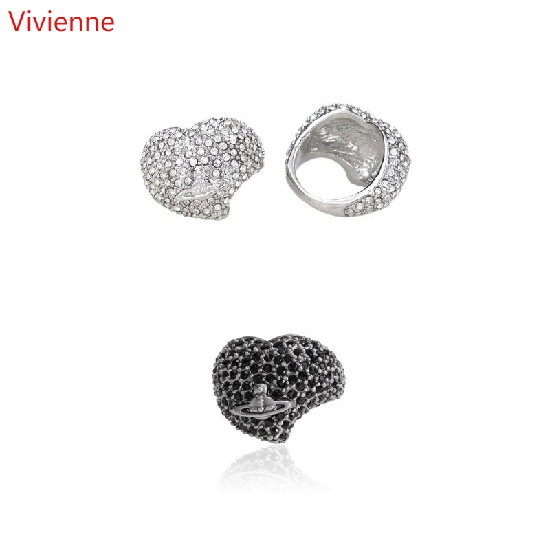 

Vivienne Westwoo Fully Jeweled Loving Heart Series, Black and White Couple Couple Rings, Luxury Little Saturn