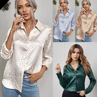 womens lapel open button leopard jacquard shirt temperament commuter long sleeved shirt womens tops women blouse