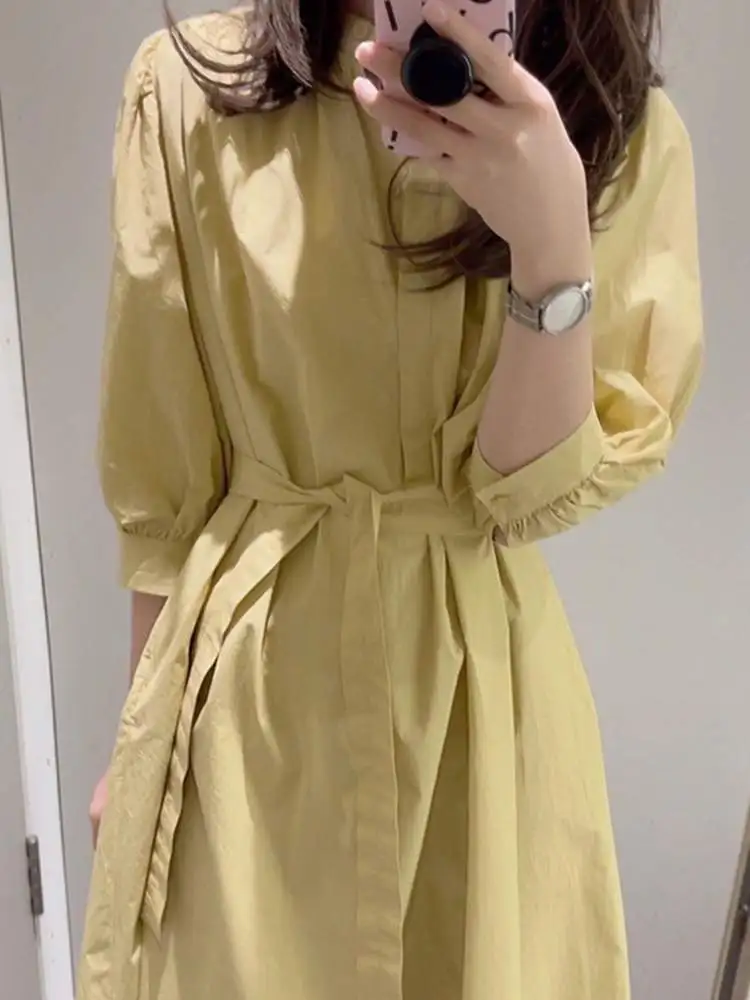 

2022 Spring and Summer New Creamy Yellow Stand Collar Tie Cherry Blossom Powder Puff Sleeve Dress Midi Dress