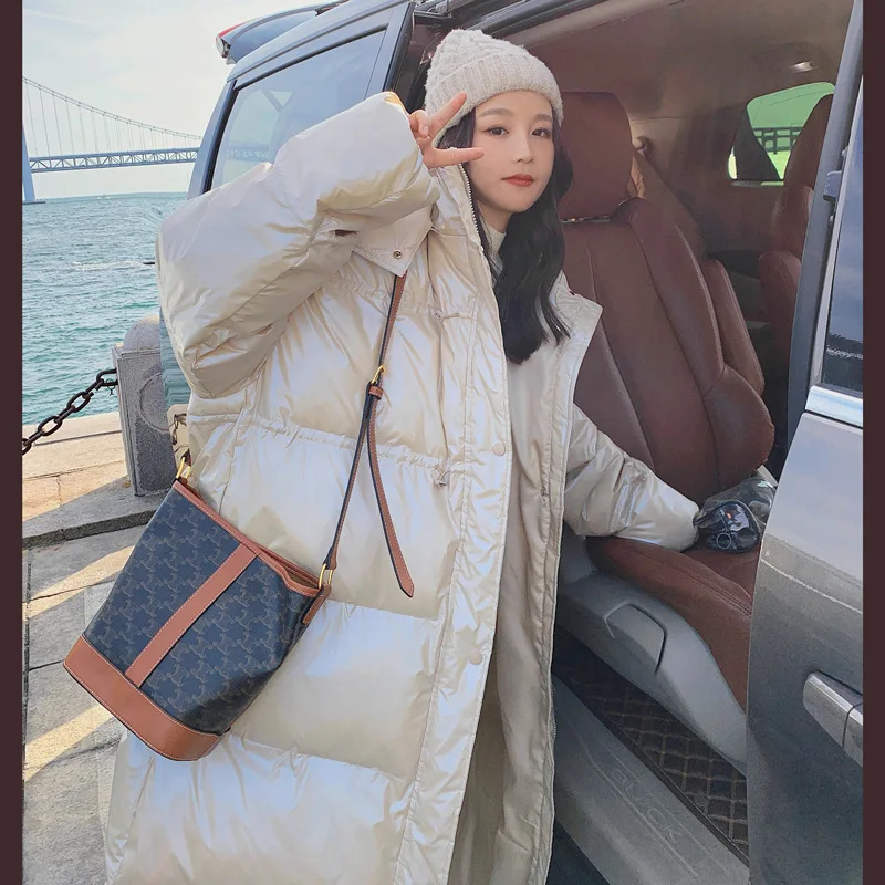 Wash-free bright down cotton-padded jacket women's middle and long knee-length to ankle thickening winter