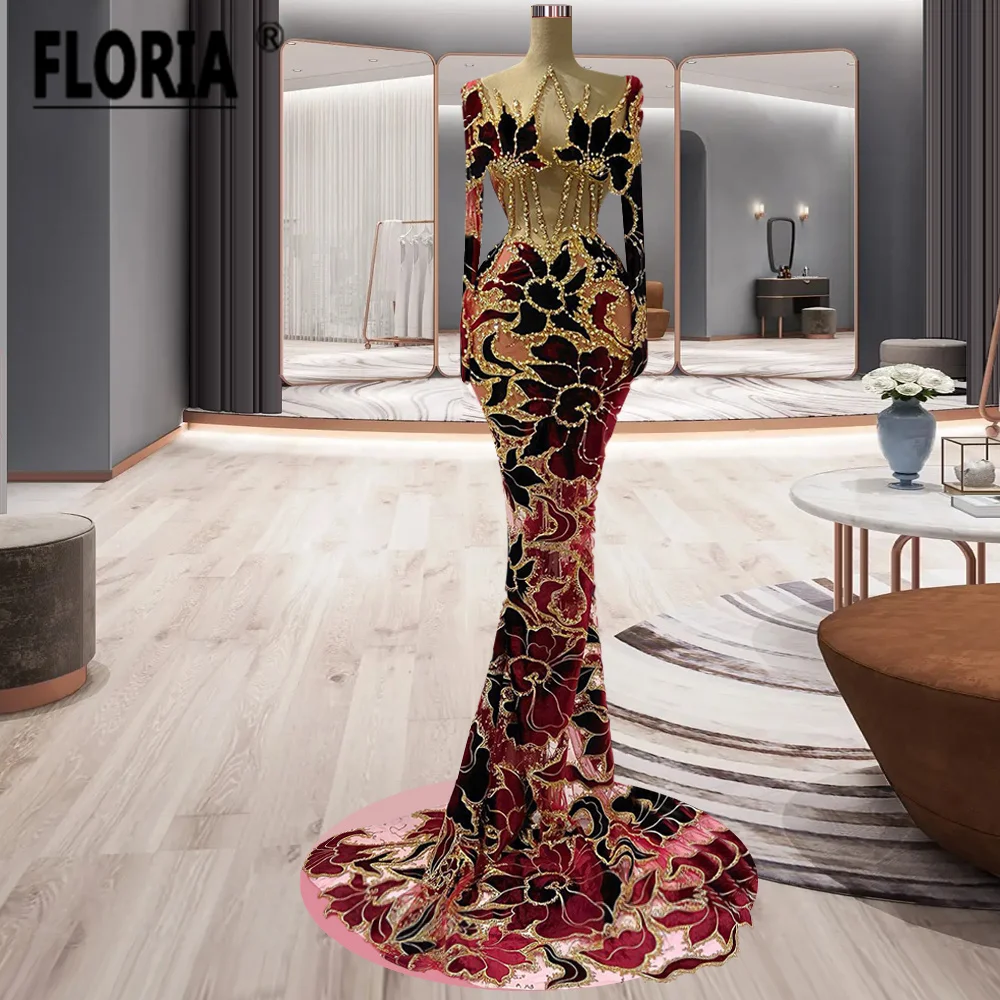 

Винтажное свадебное платье-Русалка бордового цвета, с цветочной аппликацией и кристаллами, с длинным рукавом, прозрачные официальные платья, платье для невесты, 2023