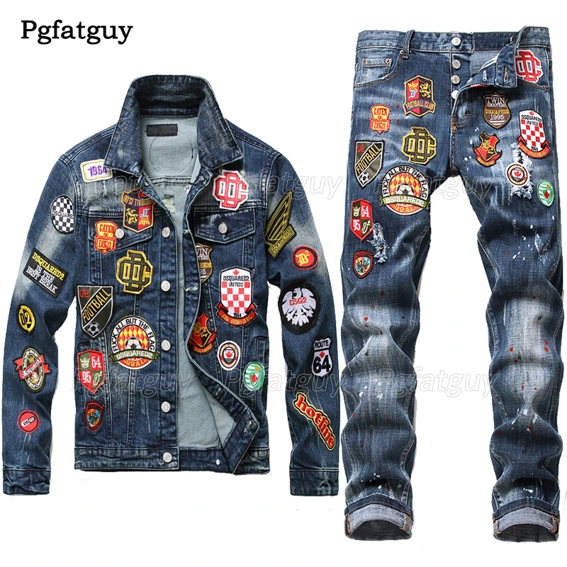 

2020 Personality Badge Jacket Jeans 2 Piece Set Men's Retro Reppied Slim Denim Jacket + Hole Multi-badge Stretch Jeans 2PCS Sets