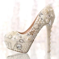 wedding pumps pearls rhinestones bridal ivory 14cm 140mm high heels platform bridesmaid shoes