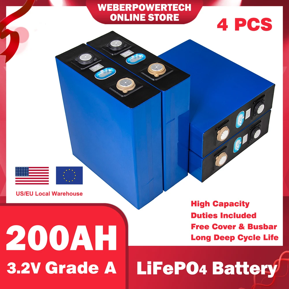 

4PCS 3.2V LiFePO4 200AH Battery Rechargeable Battery Deep Lithium Iron Phosphate Battery DIY 12V 24V EV RV Solar System Forklift