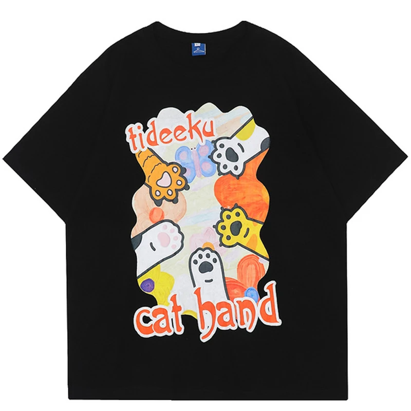 

2022SS Unisex Short Sleeve 100%Cotton t shirts Oversize Tshirt O-neck Tops футболка мужская Mens Cartoon Cat Hands Print T Shirt