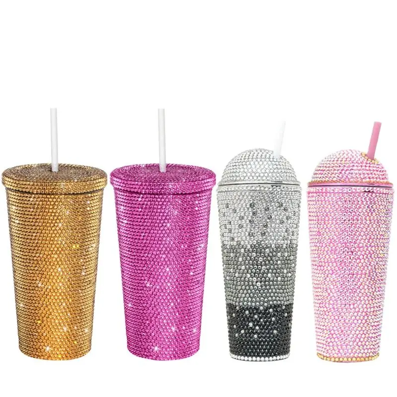 

New 500ml 650mlTravel Car Mug Ladies Portable Double Layer Plastic Diamond Cup Straw Coffee Mug with Straw and Lid Gift