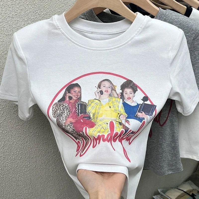 

Футболка женская хлопковая в стиле 90-х американская, винтажный укороченный топ с современным принтом для девушек, пикантная офисная одежда,...