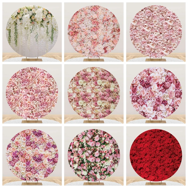 

Pink Red Rose Flowers Round Backdrops for Wedding Bride Baby Shower Birthday Party Photo Background Blossoms Floral Photo Booth