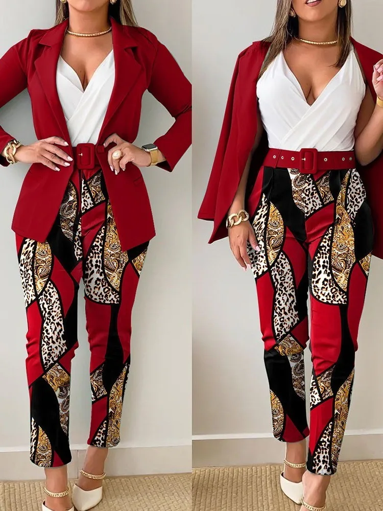 

Sets Outifits 2023 Buttoned Blazer Coat & Baroque Leopard Print Belted Pants Set of Two Fashion Pieces for Women Elegant Female