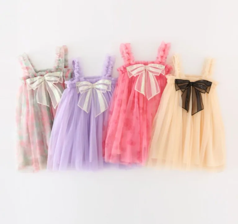 Wholesale New 2022 Summer Baby Girls Back Bow Mesh Dress , Girls Princess Sweet Clothes   6pieces/lot