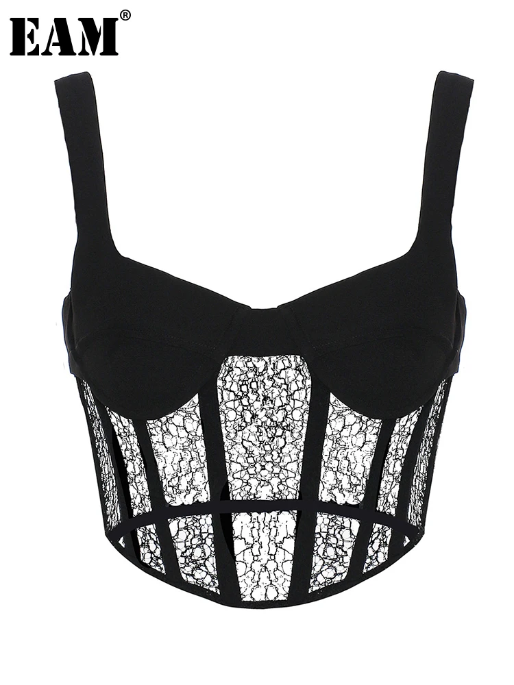 

[EAM] Women Black Lace Perspective Irregular Tank Tops New V-collar Sleeveless Personality Fashion Spring Summer 2022 1DE7814