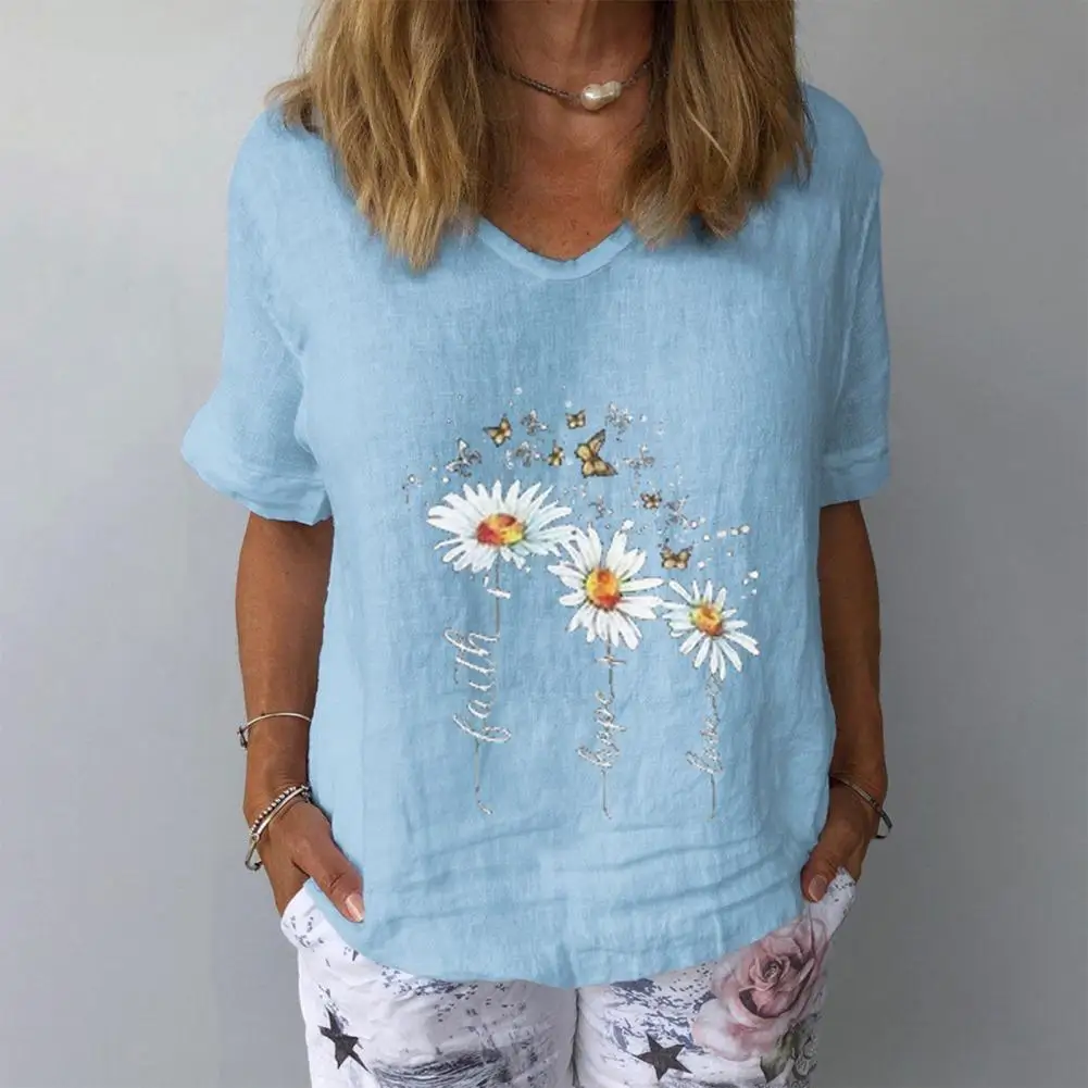 

Casual Flower Print Short Sleeve T-shirt Soft Loose Solid Color V Neck Summer T-shirt for Daily Wear