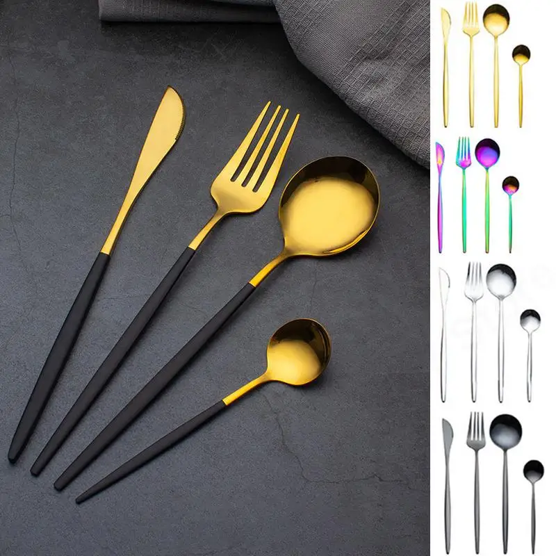 Dinnerware Sets 304 Stainless Steel Cutlery Set Bright Gold-plated Tableware Western Steak Knife Fork tea Spoon home dinner V27