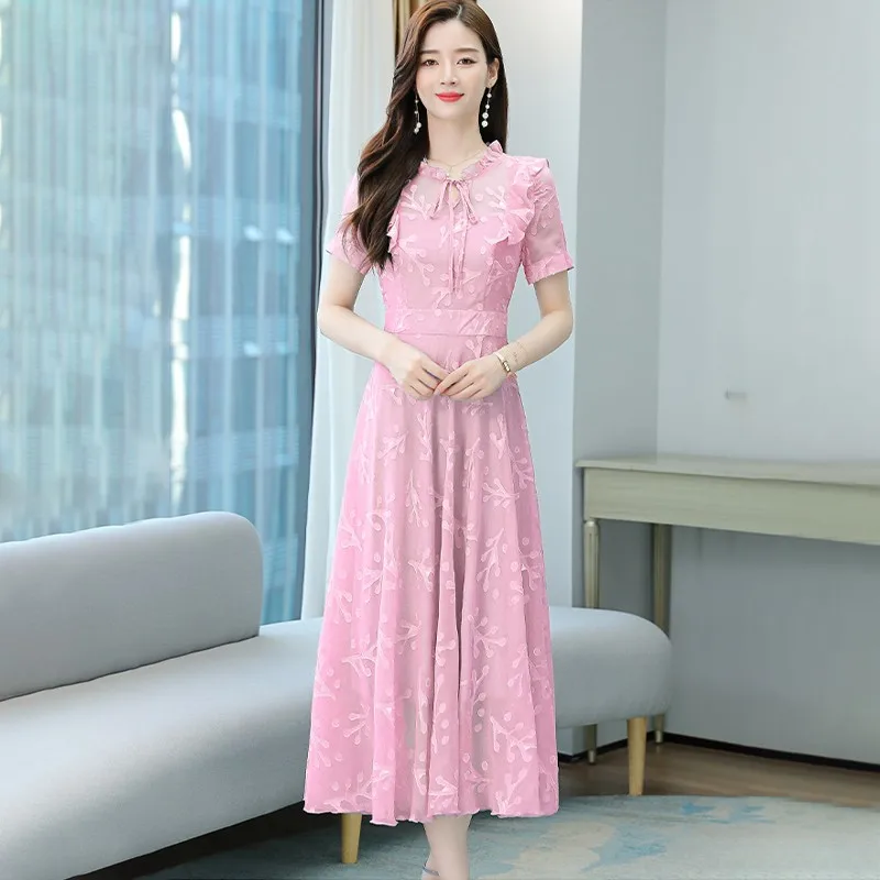 

Elegant Chiffon Short Sleeve O-neck Collar Dress Women 2022 Summmer Casual Female Slim Fit Beach Long Party Dresses Vestidos
