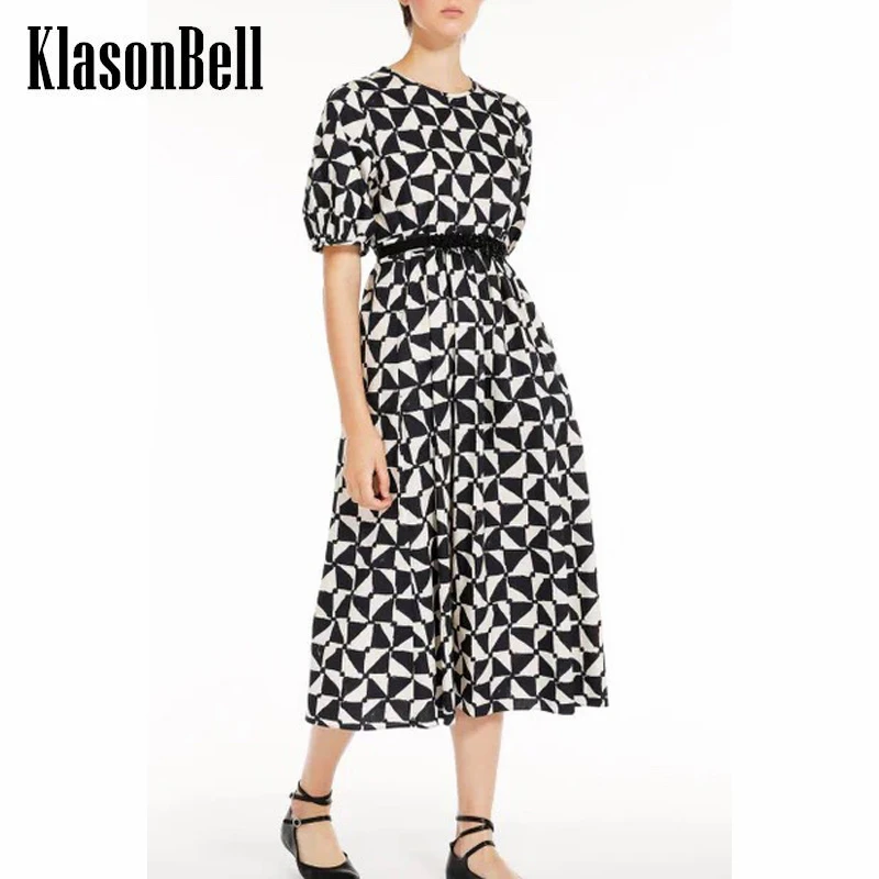 

6.19 KlasonBell Temperament Cotton Argyle Print Puff Sleeve With Belt Collect Waist Midi Dress Women