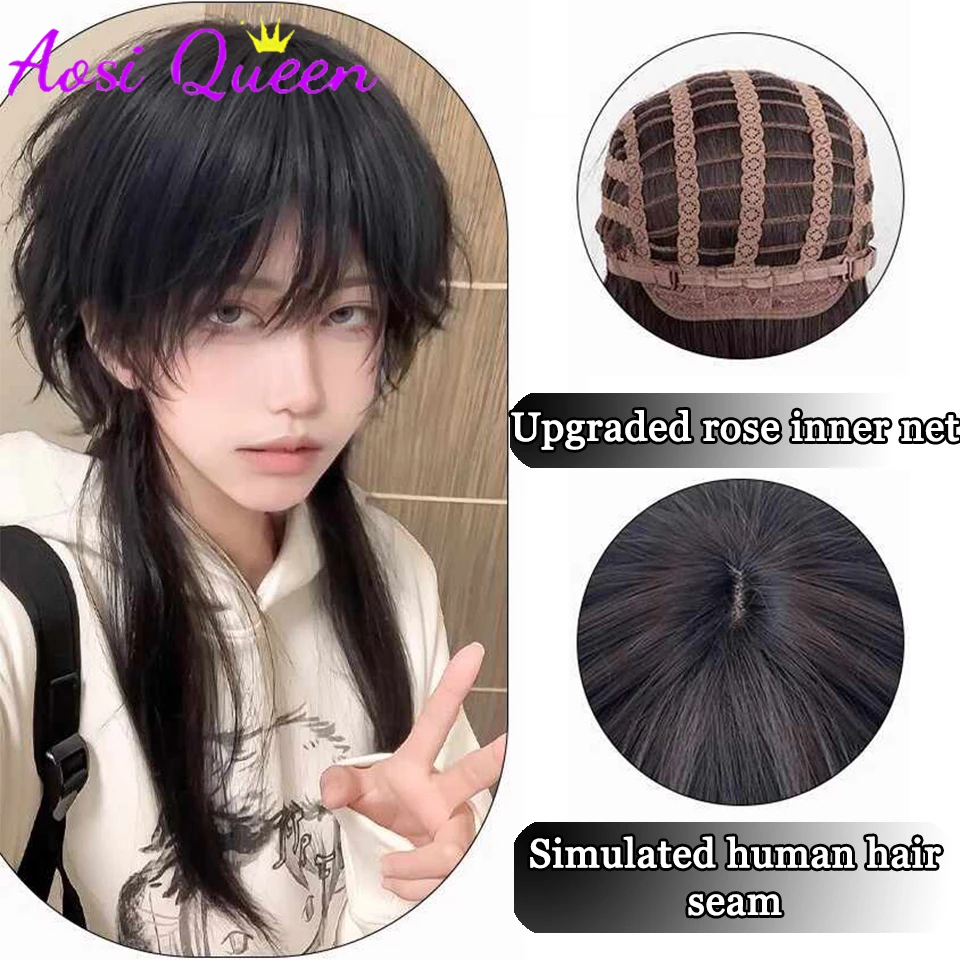 Фото Синтетический удлиненный парик AOSIQUEE Jellyfish Mullet Head, летний, тонкий, универсальный, для мужчин и женщин, для косплея, полусобранный, в стиле «Волчий хвост воина» №5