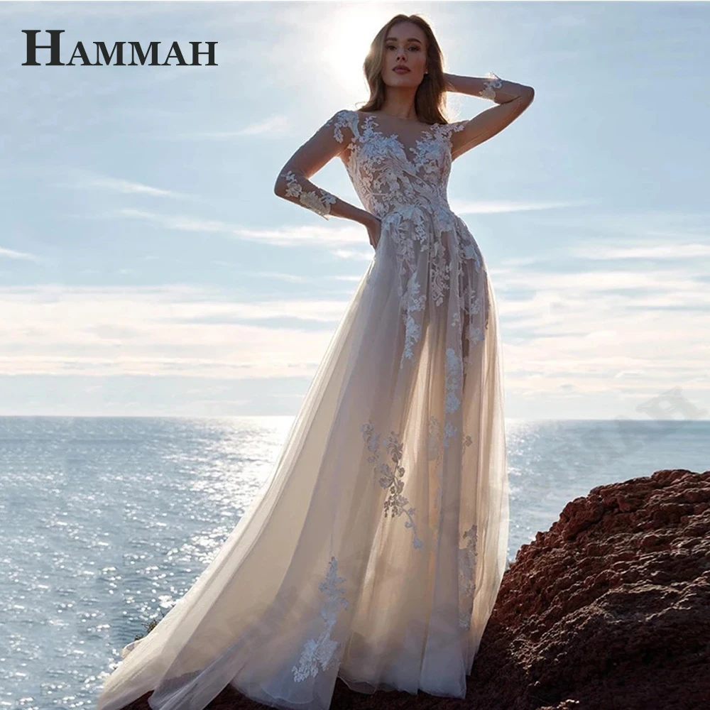 

HAMMAH Romantic A Line Wedding Gown For Bride Appliques Long Sleeve Lace Tulle Vintage Beach Bride Dress Sweep Train Button