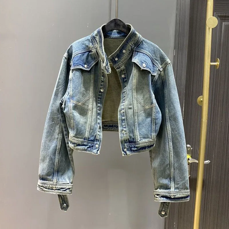 

Lucyever Denim Jackets Women Trendy High Street Stand-Up Collar Short Jacket Woman 2023 Fall Vintage Blue Loose Y2K Jeans Coat