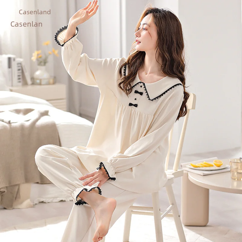 Женский белый пижамный комплект с длинными рукавами в стиле принцессы