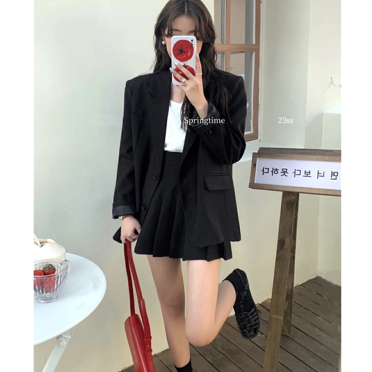Long Sleeve Single-Brewed Suit Jacket Pleated Skirt Two-Piece Set Female Student 2023 Spring New Skirt Suits Women Clothes
