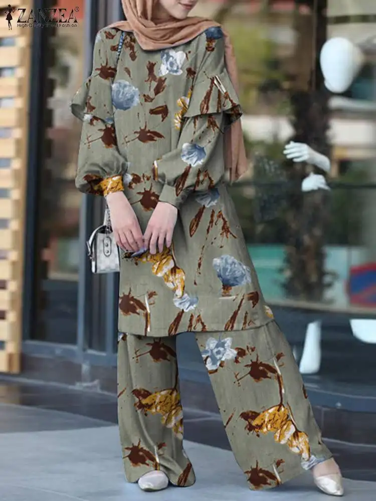 

Комплект ZANZEA женский с цветочным принтом, мусульманский костюм с оборками, блузка с круглым вырезом и рукавами-фонариками, элегантные брюки...