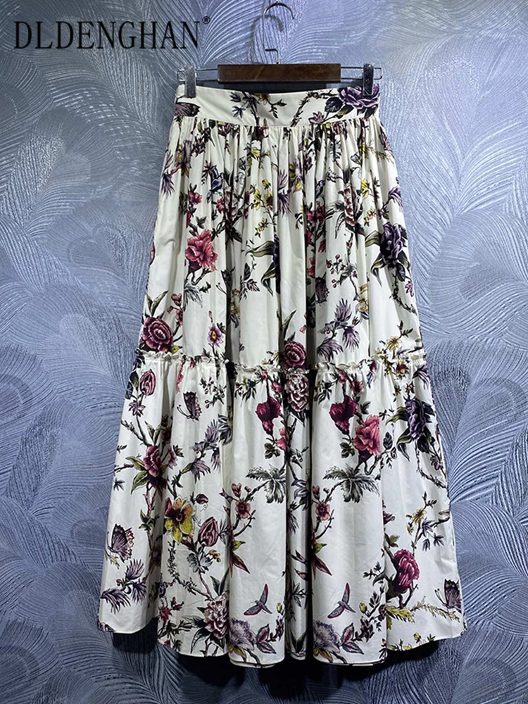 DLDENGHAN Spring Summer Women 100% Cotton Skirt High Waist Flowers Print Vintage Party Long Skirt Fashion Designer New