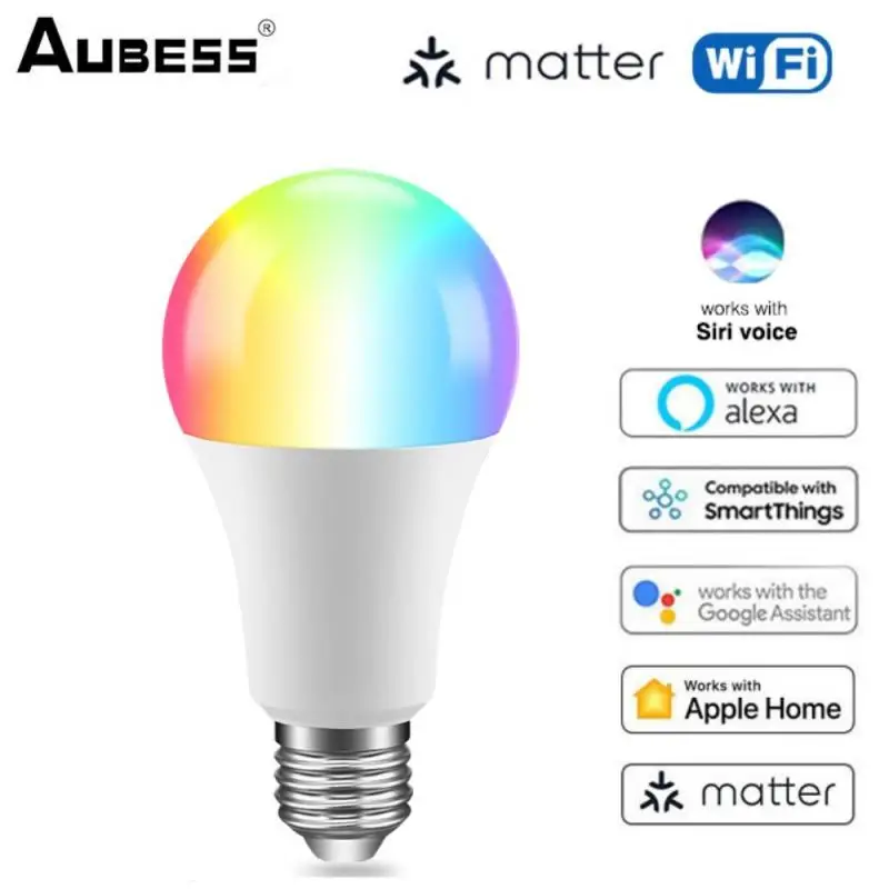 

Matter WiFi Smart Bulb Smart Home Dimmable LED Light E27 9W RGB+Warm+White Homekit Control Works with Siri Alexa Google Home