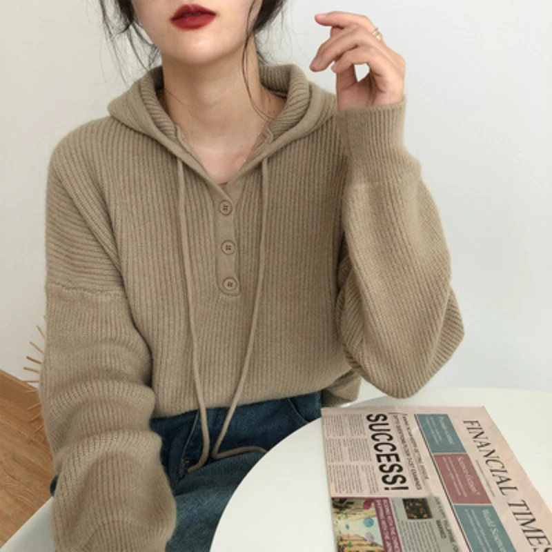 JMPRS Hooded Knitted Sweater Women Fall 2022 New Retro Lazy Style Knitted Jumper Female Loose Black Drop Sleeve Pullover Tops