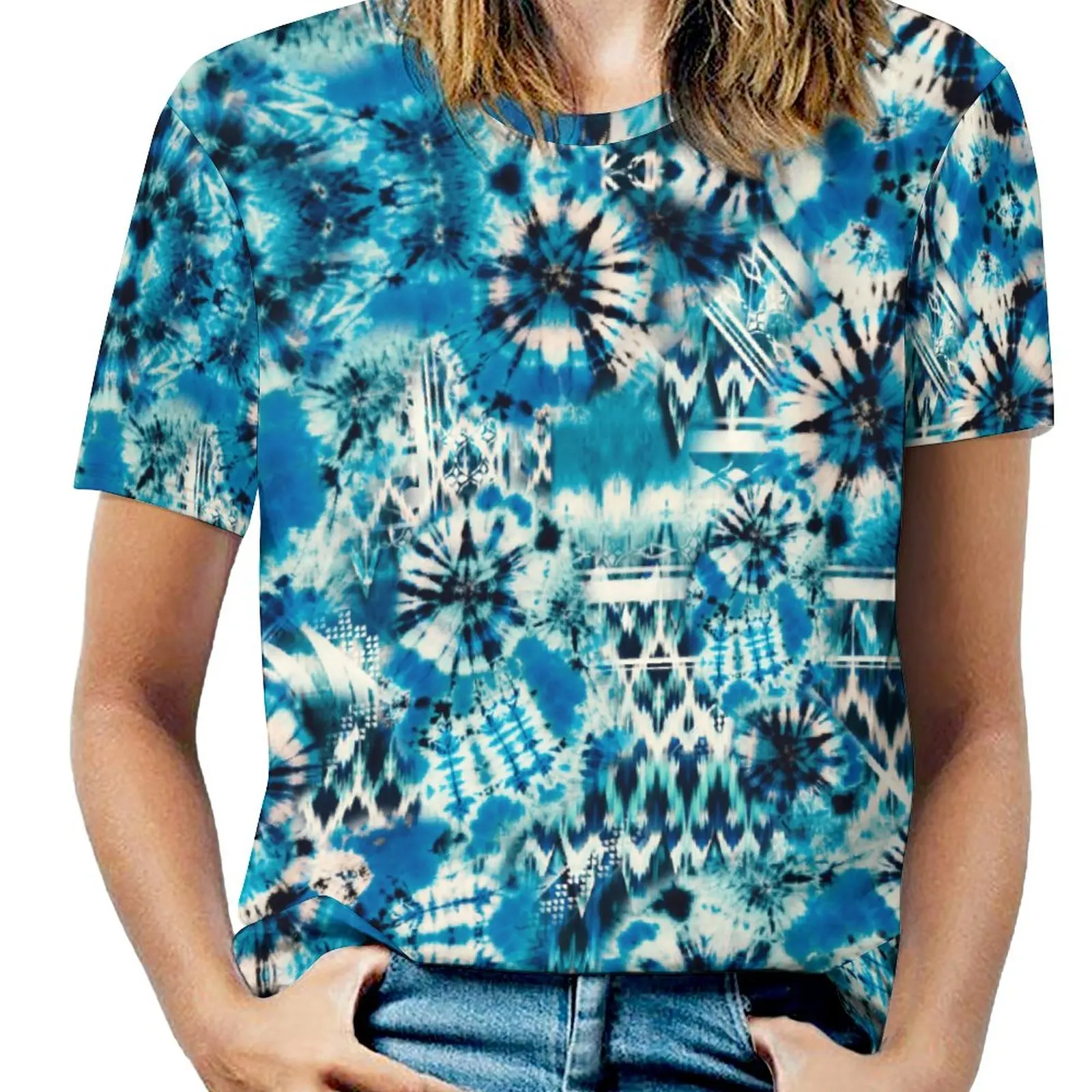 

Graphic Vintage Aqua Summer Tie Dye Batik Wax Tie Die Print Top Tee High Quality Round Neck Sports Leisure Eur Size