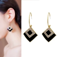retro drop glaze black geometric pendant earrings korean fashion double rhinestone hook pendant elegant jewelry 2022
